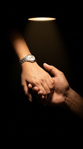 Ramakrishna and Mounika holding hands under a warm spotlight