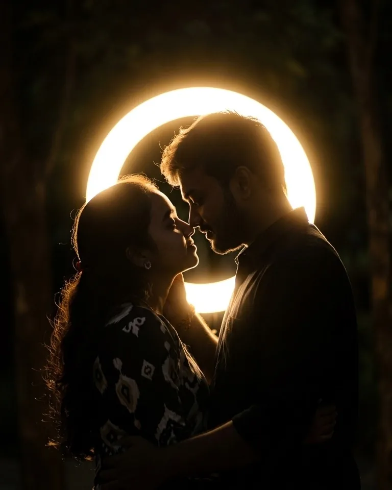 Ramakrishna and Mounika forehead to forehead before a glowing ring light