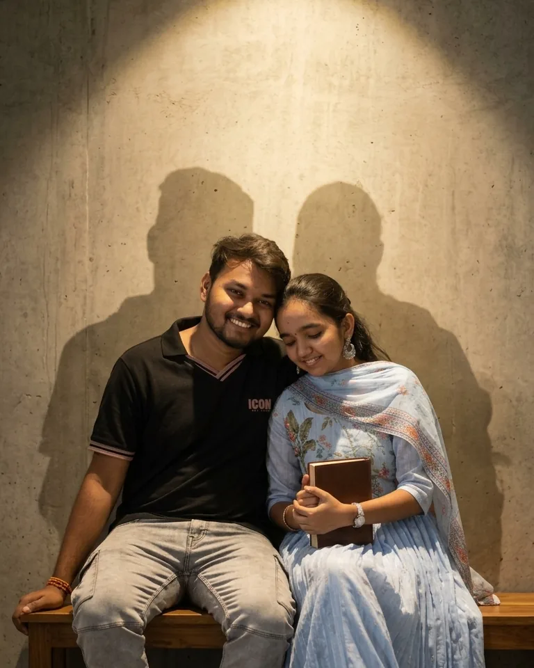 Ramakrishna and Mounika seated on a wooden bench under a soft spotlight